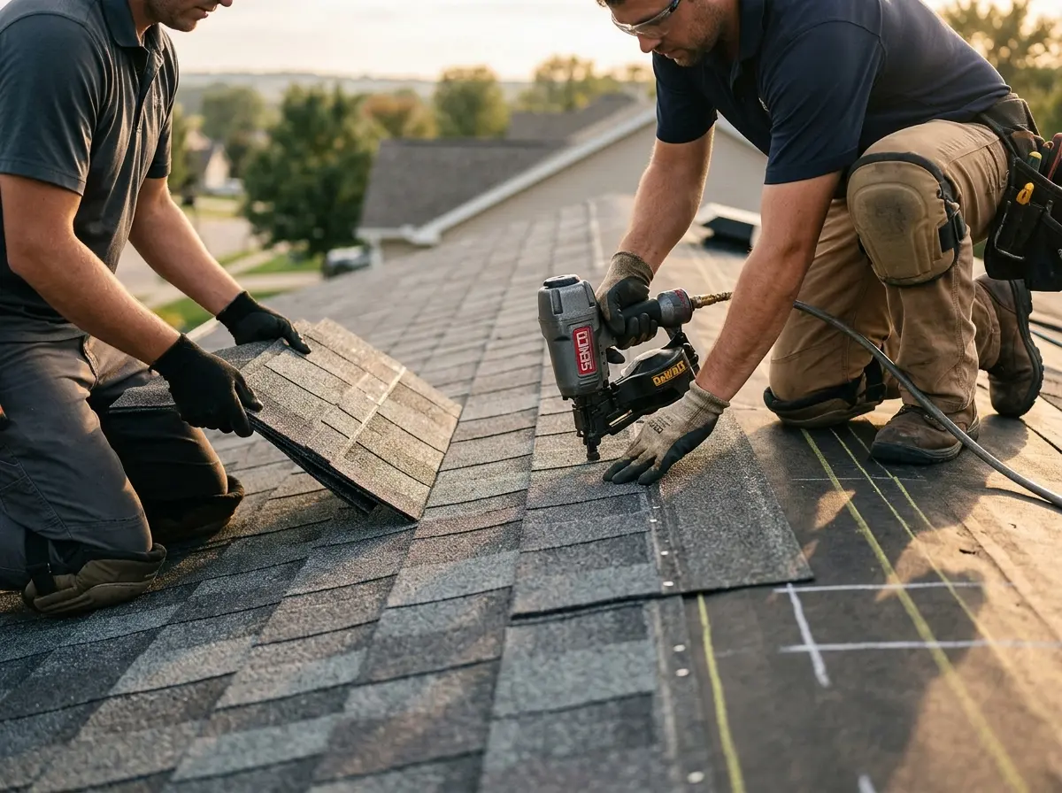 Professional roofer working on a residential roof in Davis